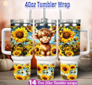 Baby Cow Highland Tumbler wrap Sunflower 40 oz tumbler Sublimation Design