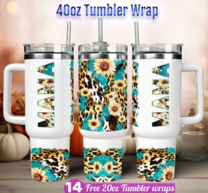 Leopard Sunflower Mama Tumbler wrap Mom 40 oz tumbler Sublimation Design