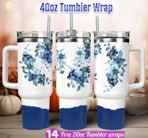 Navy Blue Flower Tumbler wrap 40 oz tumbler Sublimation Design