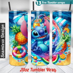 Stitch Tumbler wrap Summer Beach 20 oz skinny tumbler Sublimation Design