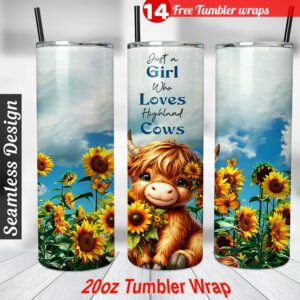 Cow Highland Tumbler wrap Sunflower 20 oz tumbler Sublimation Design