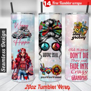Hippie Tumbler wrap Hippie Girl 20 oz tumbler Sublimation Design