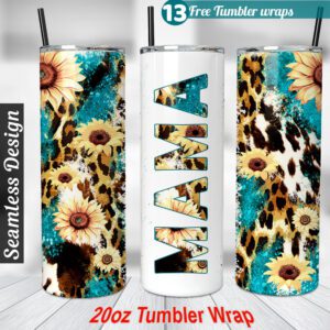 Leopard Sunflower Mama Tumbler wrap Mom 20 oz skinny tumbler Sublimation Design