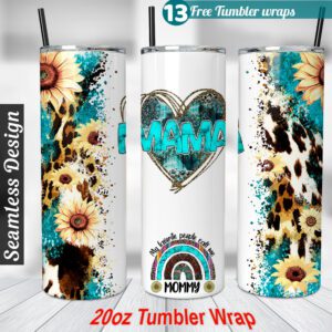 Leopard Sunflower Mama Tumbler wrap Mommy 20 oz skinny tumbler Sublimation Design