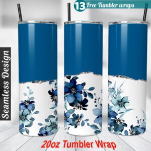 Navy Blue Flower Tumbler wrap 20 oz skinny tumbler Sublimation Design