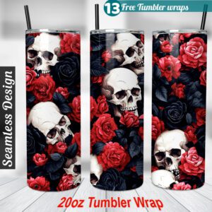 Skull and Roses Tumbler wrap 20 oz skinny tumbler Sublimation Design